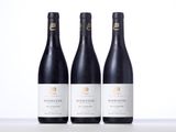 three bottles of red wine sitting on top of a table