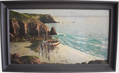 a painting of a man standing on a boat on the beach