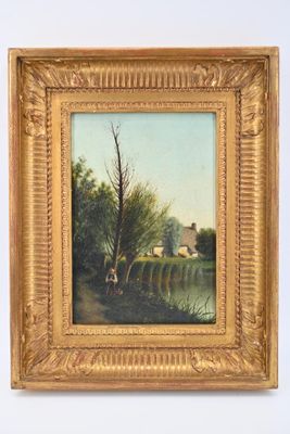 Ecole française du XXe siècle Pêche au bord de l'étang