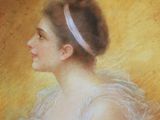 tableau représentant une femme vêtue d'une robe blanche et portant un bandeau bleu