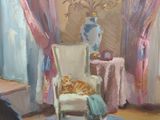 a painting of a living room with a cat on the couch