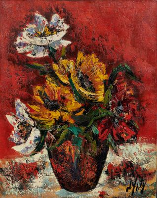 peinture représentant un vase de fleurs posé sur une table, sur fond rouge