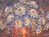 a painting of flowers in a vase on a table