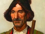 an oil painting of a man holding a stick and wearing a hat