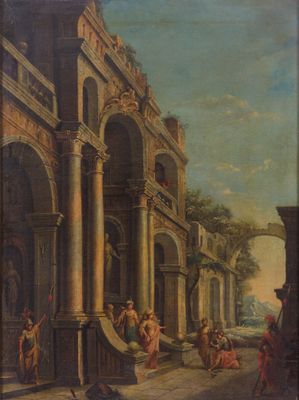 a painting of a street scene with people and animals in the foreground