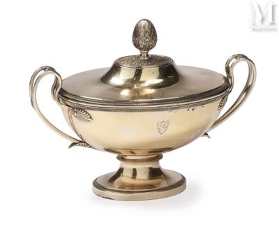 an antique silver plated bowl with a lid on a pedestal