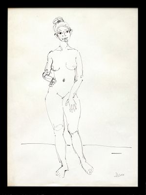 dessin représentant une femme debout sur une plage, les mains dans les poches