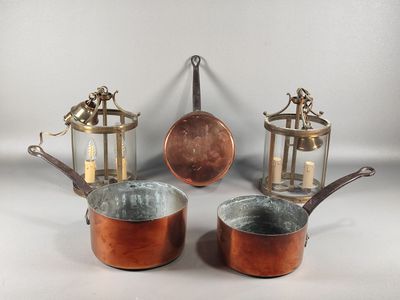 trois casseroles et poêles en cuivre posées les unes à côté des autres sur une table