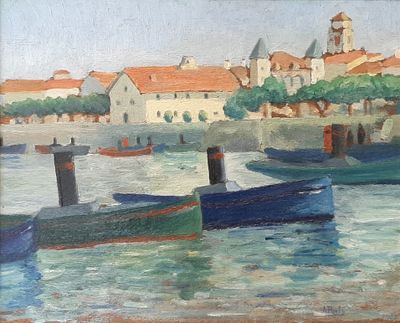 a painting of boats on the water in a harbor
