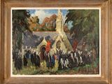 an oil painting of a group of people standing in front of a church