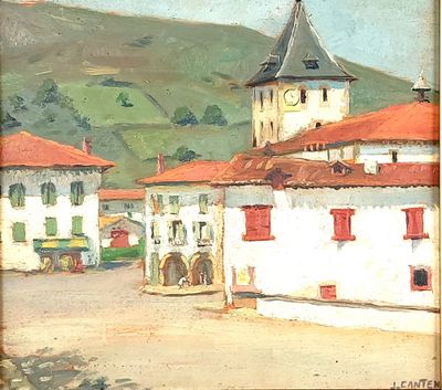 a painting of a town with a clock tower in the background
