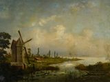 painting of a river scene with a windmill and a boat in the foreground