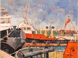 a painting of a boat docked at a dock with other boats