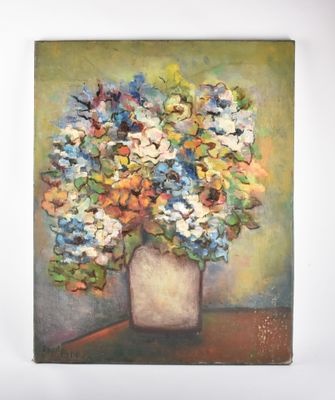 une peinture de fleurs dans un vase sur une table