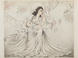 dessin représentant une femme en robe blanche tenant un éventail