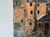 a painting of a building with a clock on the top of it