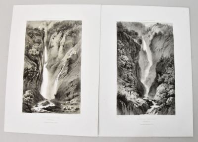 two black and white drawings of a waterfall and a waterfall