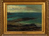un tableau représentant une vue sur l'océan avec des rochers au premier plan