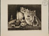drawing of a still life with a skull and a crown on a table