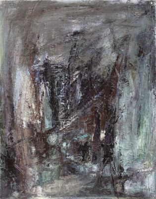 an oil painting of a black and white picture of a building