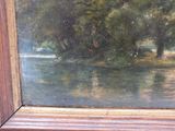 a painting of a river with trees in the background