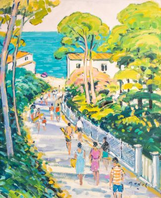 an oil painting of people walking down a path near the ocean