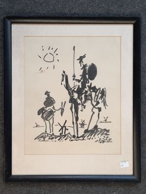 framed drawing of a man on a horse with a man on a horse