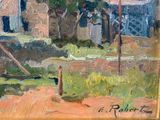 an oil painting of a house in a field with a fence