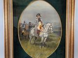 painting of a man riding a horse in a field with other men