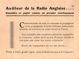 an old french newspaper advertises radio angaise, with a black and white image of a man