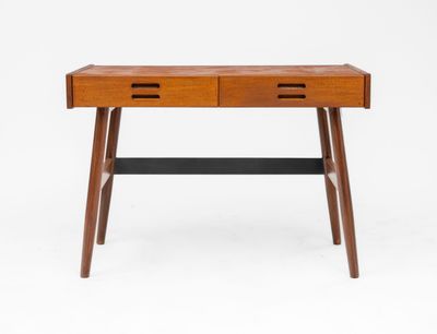 a wooden desk with two drawers and a shelf on top
