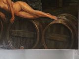 a painting of a naked woman laying on a barrel