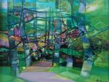 an image of a painting of a path through a forest