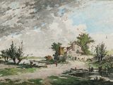 une peinture représentant une scène de ferme avec des vaches et une maison