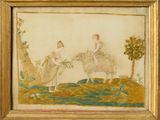 an image of a painting of two children riding on a sheep