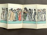 an open book with a drawing of a group of women in dresses