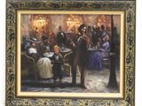 peinture d'un groupe de personnes assises autour d'une table dans une pièce