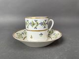a close up of a cup and saucer on a table