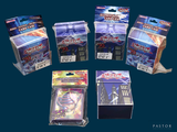 six packs of pokemon trading cards on a blue background