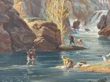 a painting of a group of people fishing in a river