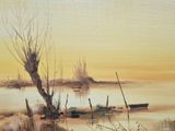 a painting of a boat in the water near a tree