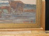 a picture of a painting of horses pulling a wagon