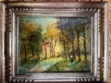 an image of a painting of a man and a dog in a wooded area