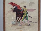 an image of a painting of a bull and a man with a red cape