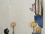 dessin représentant une femme allumant une bougie devant une statue