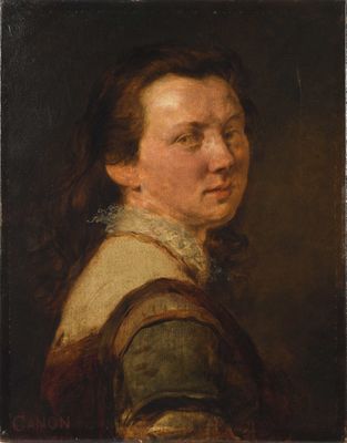 un tableau représentant une femme vêtue d'une robe marron et blanche