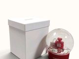 a snow globe sitting next to a box on a white surface