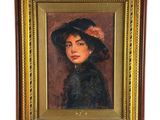 une peinture à l'huile représentant une femme portant un chapeau et une robe noire