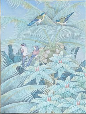 tableau représentant deux oiseaux perchés sur un palmier dans un décor tropical