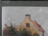 a picture of a painting of a house with a cat in the window